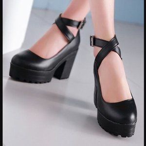Black Ankle-Strap Chunky Pump